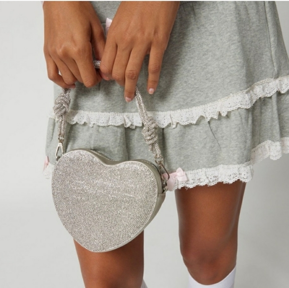 Kimchi Blue NWT Black Rhinestone Heart Mini Baguette Bag |Coquette Girl Y2K Glam - Picture 3 of 12